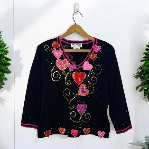 Vintage Valentines Day Novelty Embellished Beaded V Neck Top Jack B Quick - Picture 9 of 9